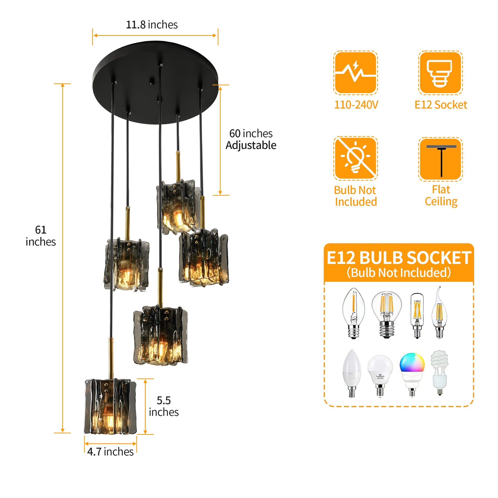 Dimensions and specifications graphic for a modern 5-light cluster chandelier with E12 socket and adjustable height