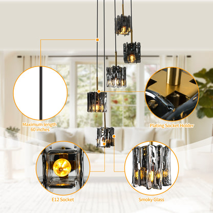 Feature details of a modern 5-light cluster chandelier showing 60-inch adjustable cord, E12 socket, plating socket holder, and smoky glass