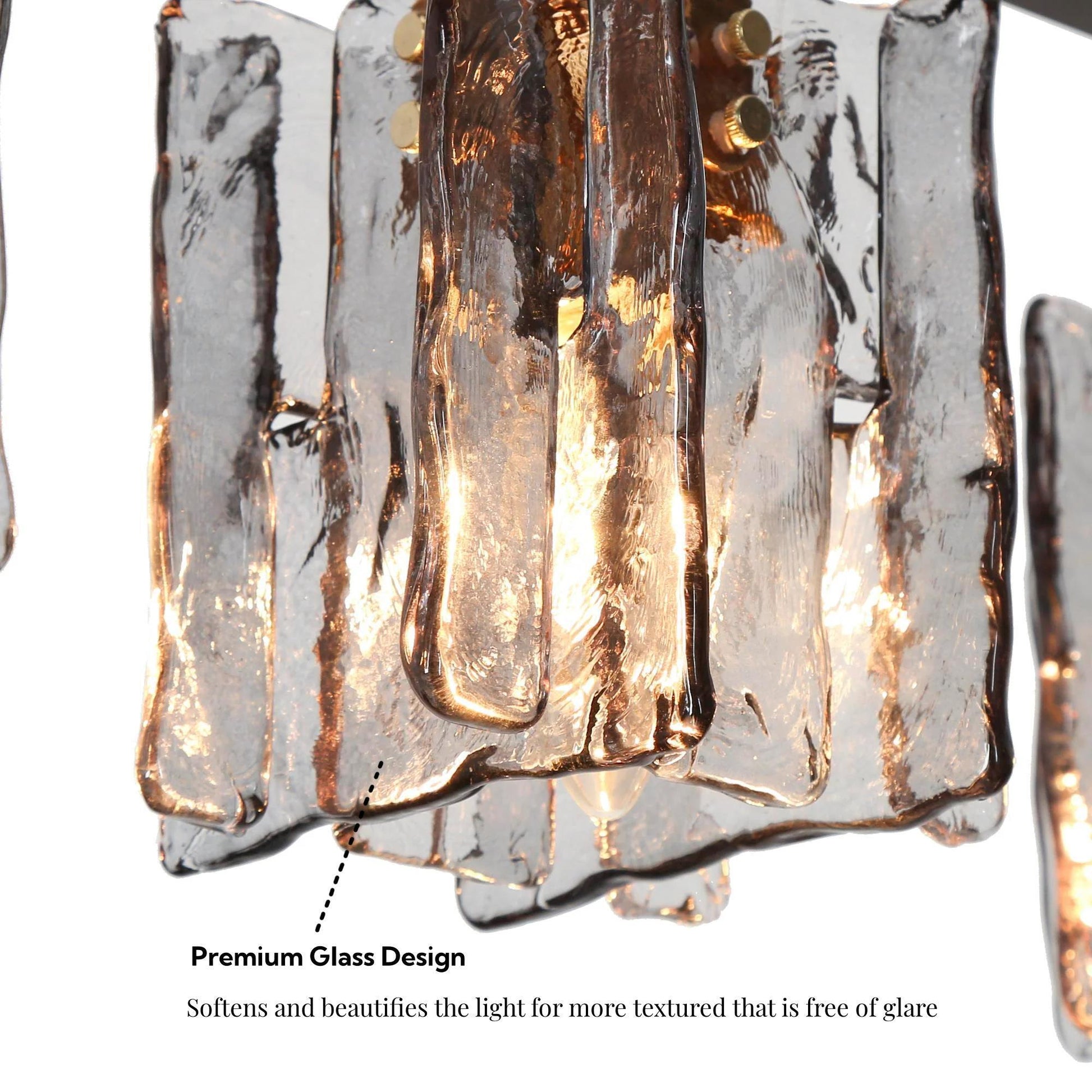 Close-up of smoke gray textured glass shade on a modern 5-light cluster chandelier