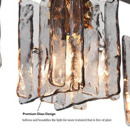 Close-up of smoke gray textured glass shade on a modern 5-light cluster chandelier
