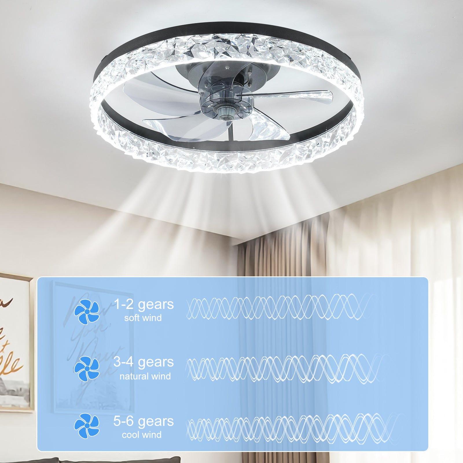 20 in. Indoor Black Ceiling Fans with Lights and Remote, 6CCT Dimmable Low Profile Ceiling Fan with Light
