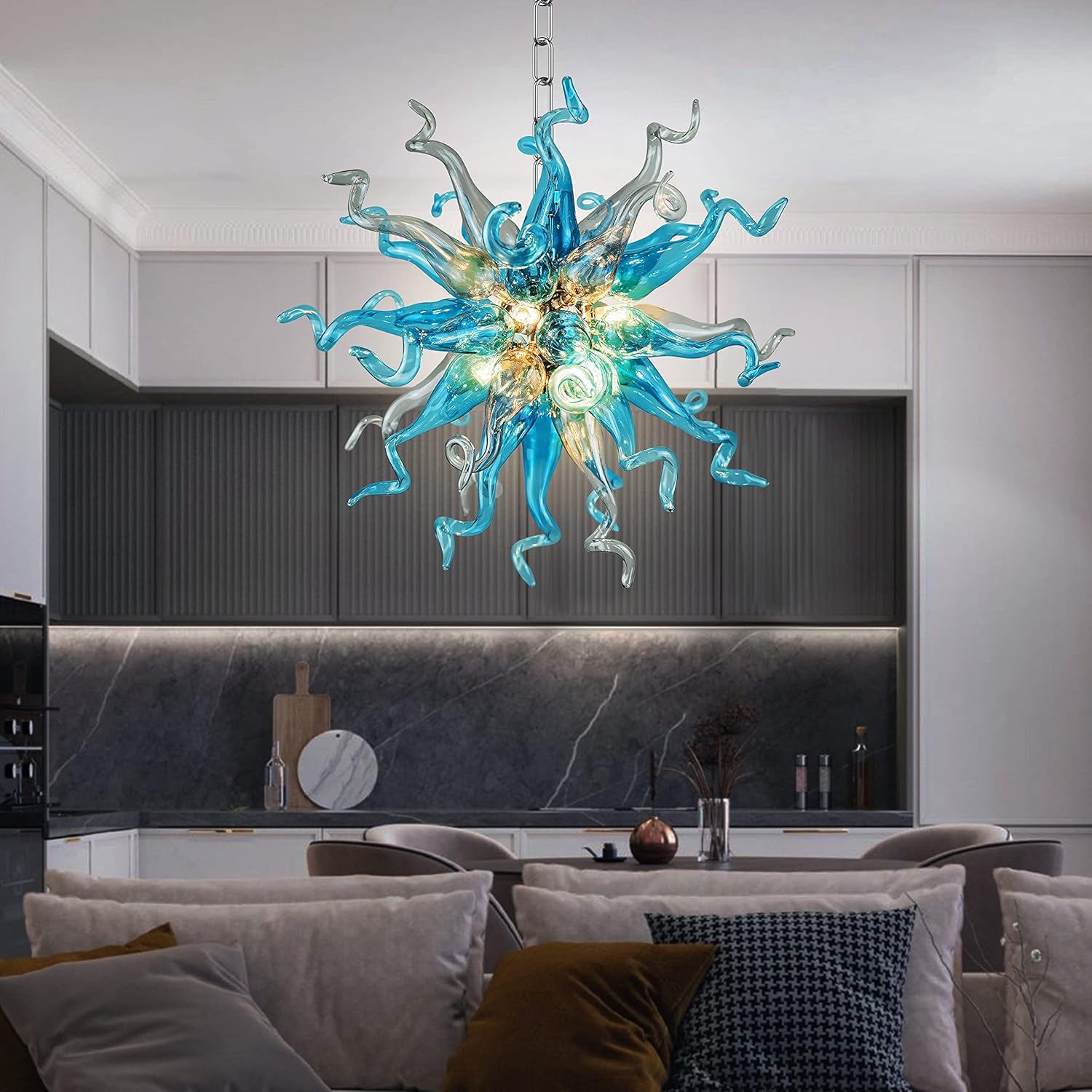 Chihly Style Blown Glass Chandelier | Luxury Heart-Shaped Blue Art Lighting