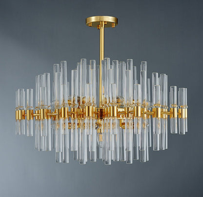 Artistic gold crystal ceiling lamp installed in a modern luxury dining room setting.