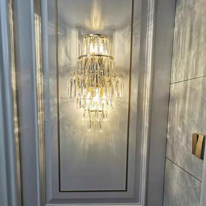 Chrome Iron Crystal Pendants Multi Layers Wall Lamp For Drawing Room