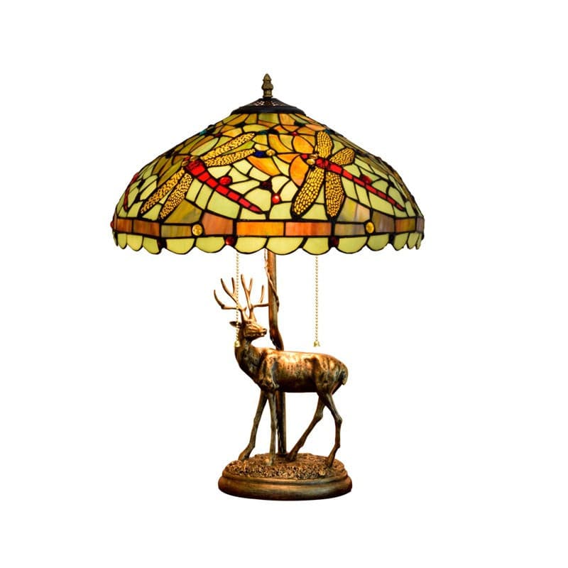Tiffany style dragonfly table lamp with bronze deer stag base