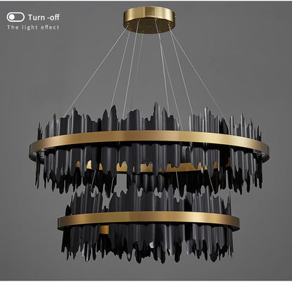 Modern Matte Black Ring Lampshade LED Strip Tiered Chandlier