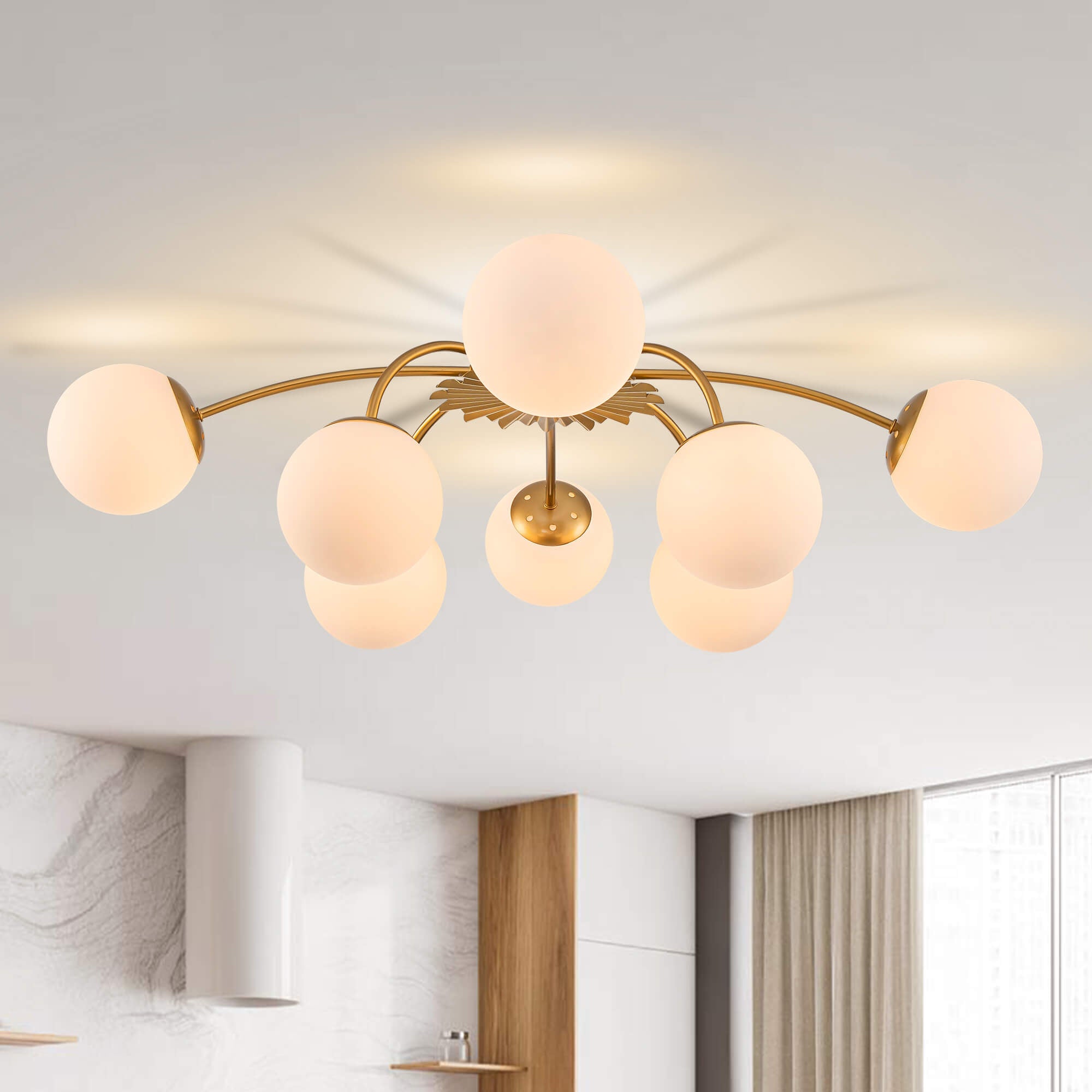 8-Light Gold Sputnik Chandelier with Milk Glass Globes - Mid Century Modern Semi Flush Ceiling Light - BeyPan Hauptbild