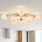 8-Light Gold Sputnik Chandelier with Milk Glass Globes - Mid Century Modern Semi Flush Ceiling Light - BeyPan