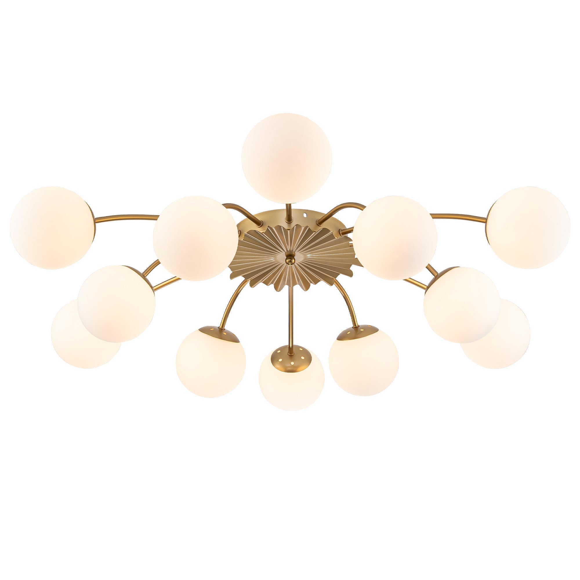 8-Light Gold Sputnik Chandelier with Milk Glass Globes - Mid Century Modern Semi Flush Ceiling Light - BeyPan