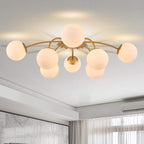 8-Light Gold Sputnik Chandelier with Milk Glass Globes - Mid Century Modern Semi Flush Ceiling Light - BeyPan