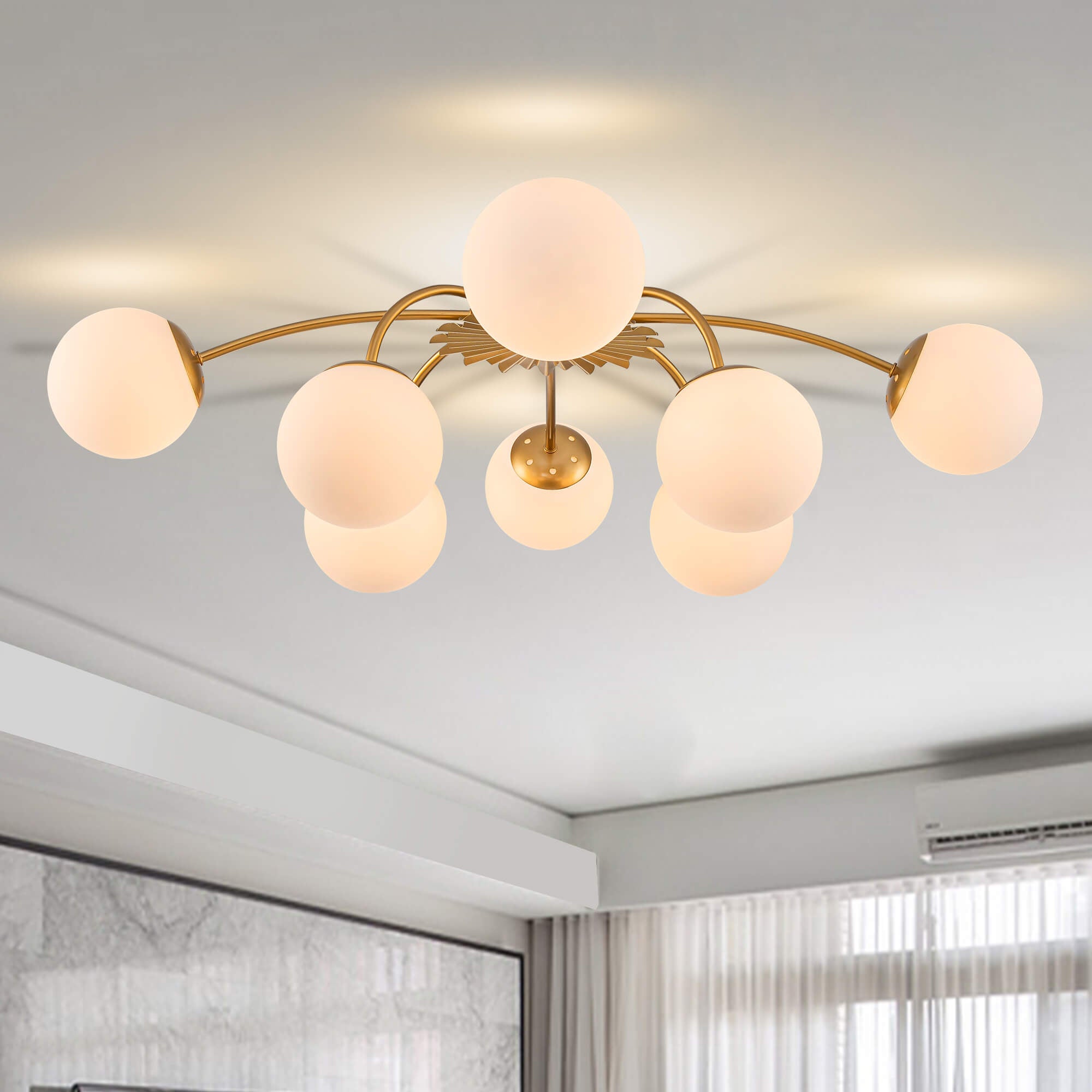 8-Light Gold Sputnik Chandelier with Milk Glass Globes - Mid Century Modern Semi Flush Ceiling Light - BeyPan