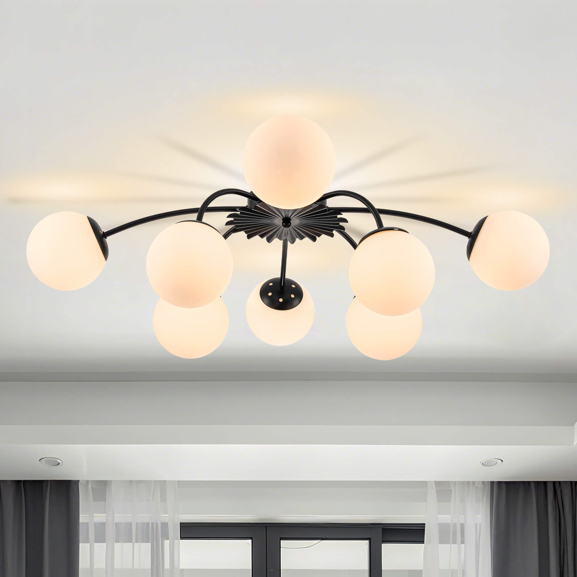 8-Light Gold Sputnik Chandelier with Milk Glass Globes - Mid Century Modern Semi Flush Ceiling Light - BeyPan