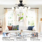 Modern Black Chandelier Fan with 8 Globe Lights & Remote