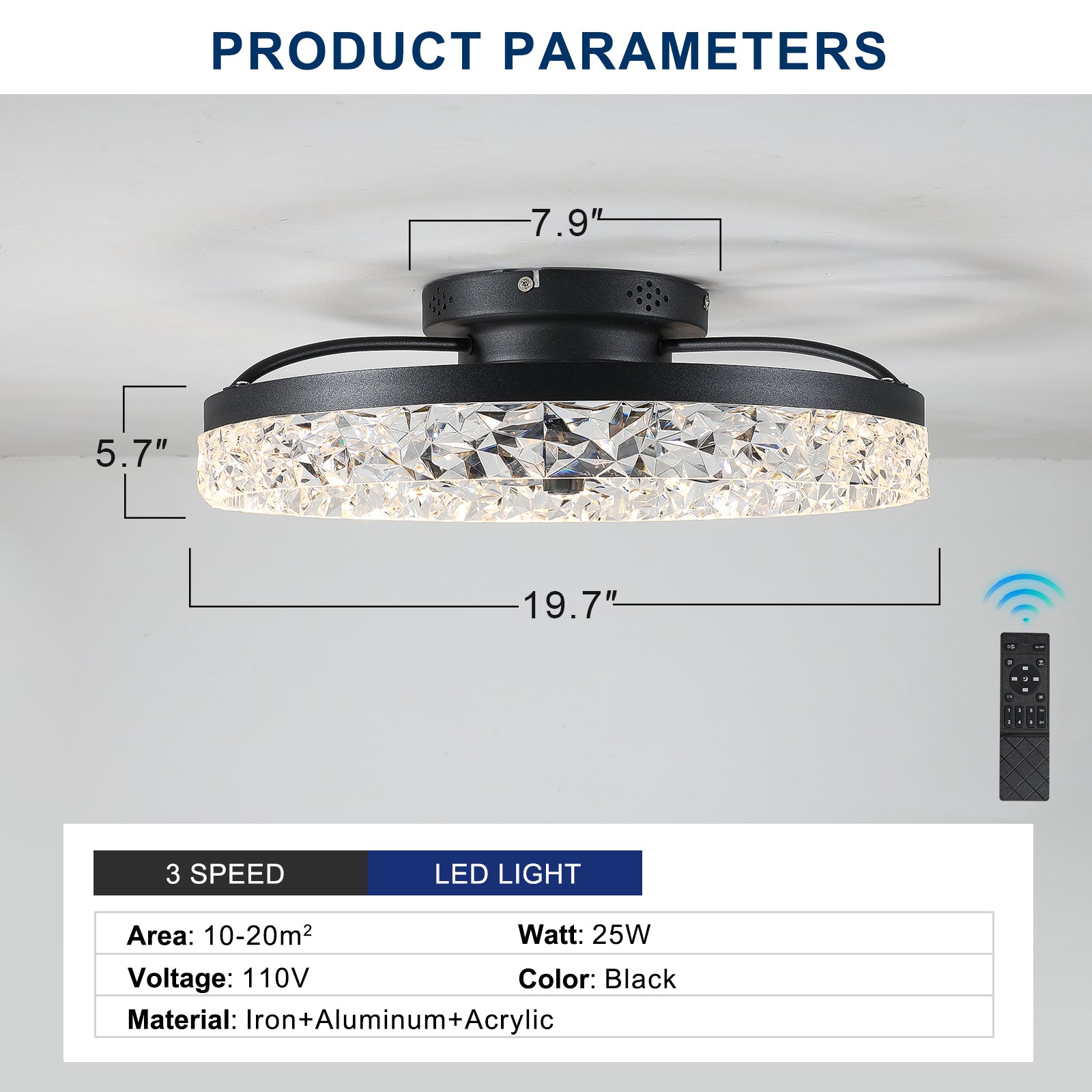 20 in. Indoor Black Ceiling Fans with Lights and Remote, 6CCT Dimmable Low Profile Ceiling Fan with Light