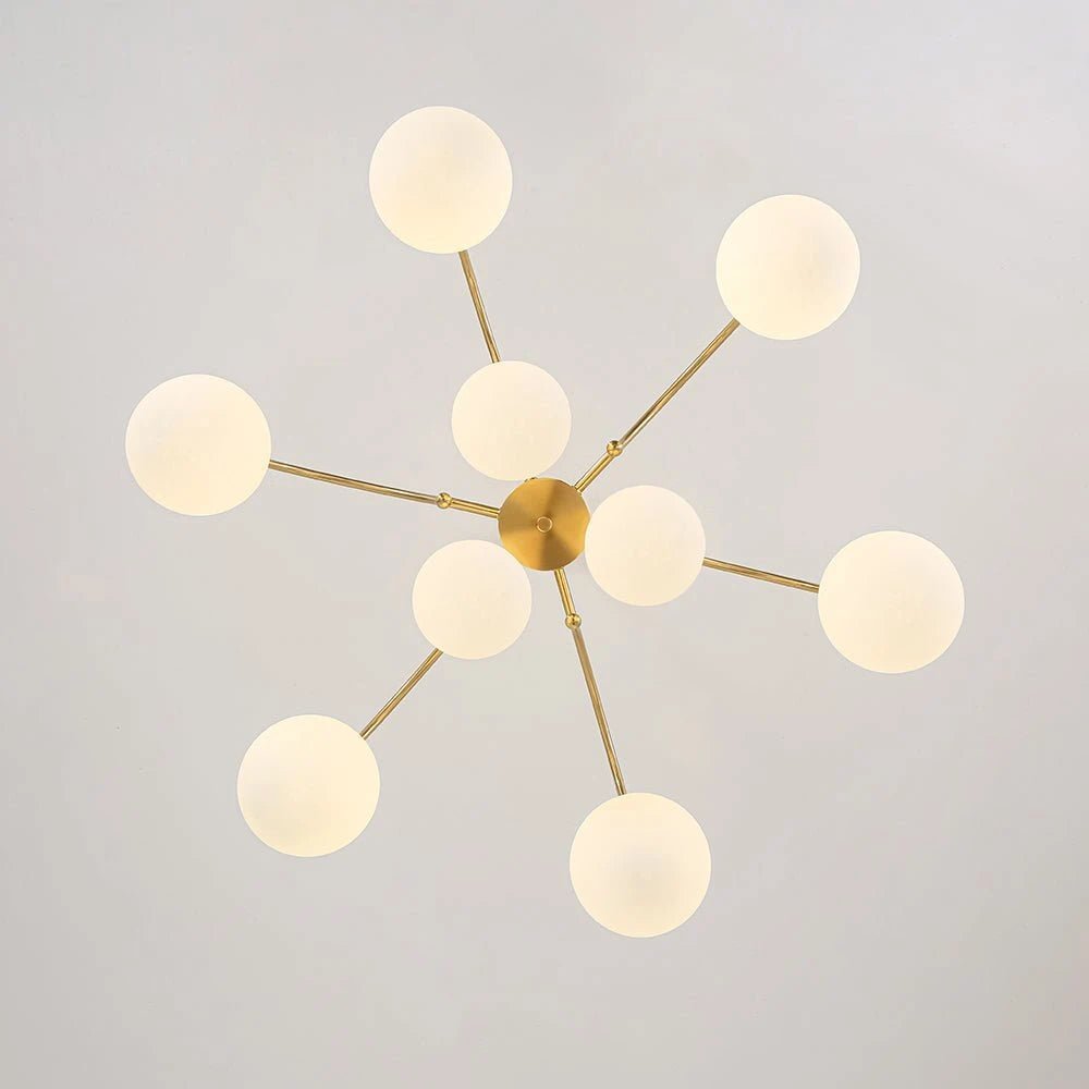 9-Light Goose Arm Opal Glass Bubble Tiered Chandelier Modern Brass Globe Ceiling Light Fixture - BeyPan