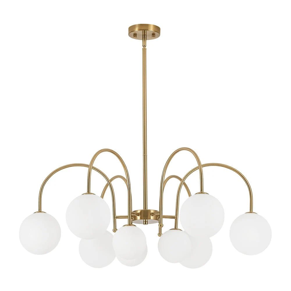 9-Light Goose Arm Opal Glass Bubble Tiered Chandelier Modern Brass Globe Ceiling Light Fixture - BeyPan