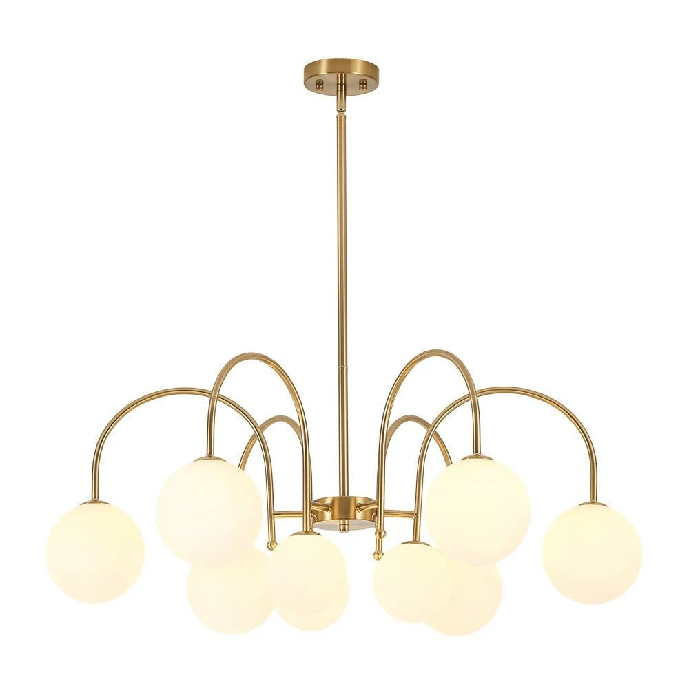 9-Light Goose Arm Opal Glass Bubble Tiered Chandelier Modern Brass Globe Ceiling Light Fixture - BeyPan