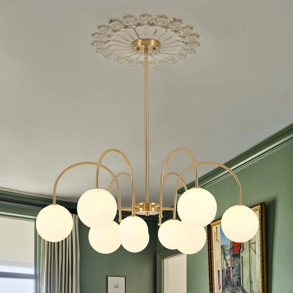 9-Light Goose Arm Opal Glass Bubble Tiered Chandelier Modern Brass Globe Ceiling Light Fixture - BeyPan