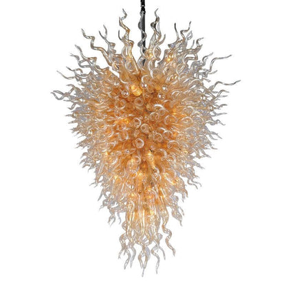 Detailed view of an amber golden electroplated blown glass chandelier with elegant teardrop-shaped glass tendrils on a white background.
