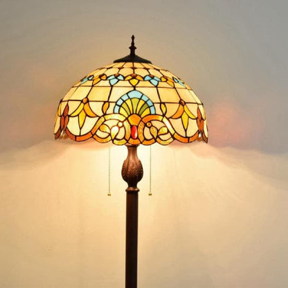 Traditional standing lamp with handcrafted floral art glass