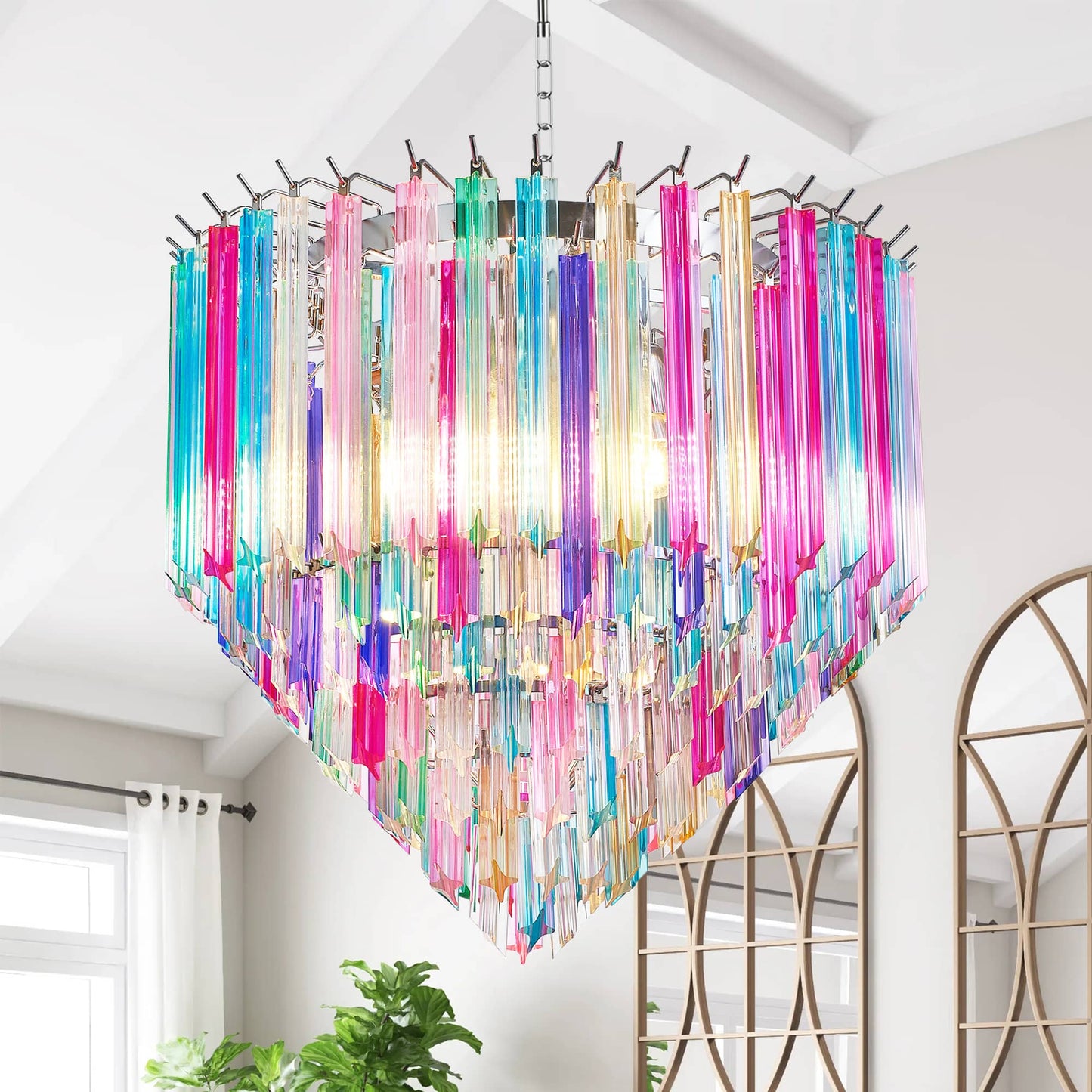 Vintage Multi-colors Rainbow Glass Prisms Tiered Chandelier