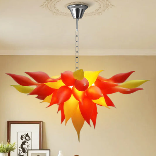 Red and orange blown glass look ceiling light detail shot.