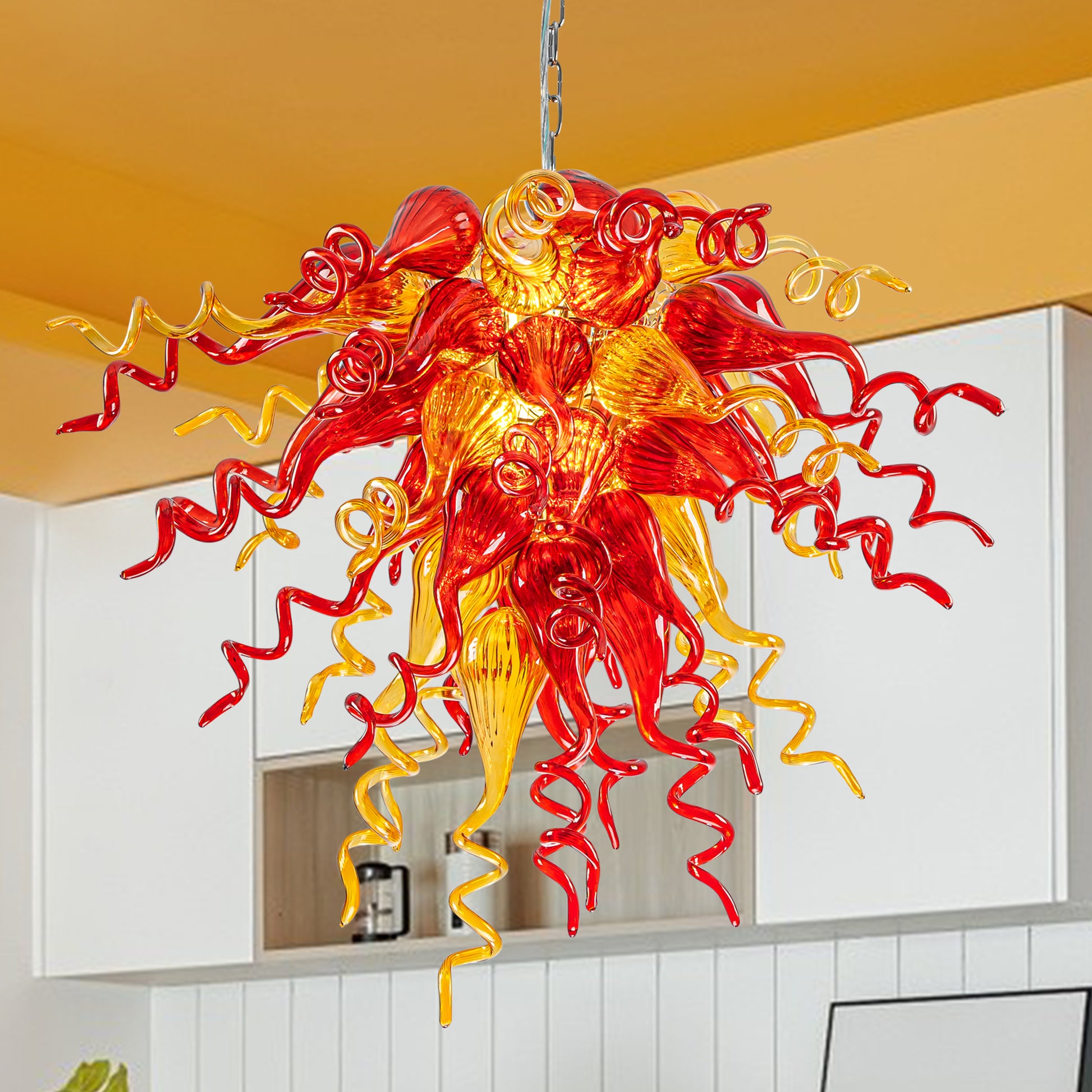 Close-up of the Vibrant Red Hand Blown Glass Chandelier, detailing the sculptural blown glass elements.