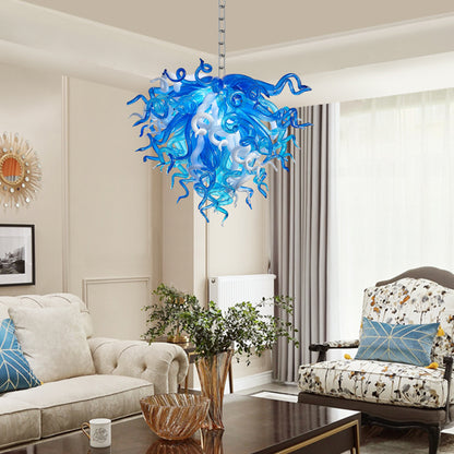 Chihuly-style blue murano blown glass chandelier in bohemian living room.