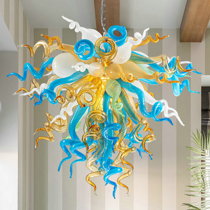 Detailed shots of the unique hand blown glass chandelier: swirling tendrils, smooth curves, and varied textures.