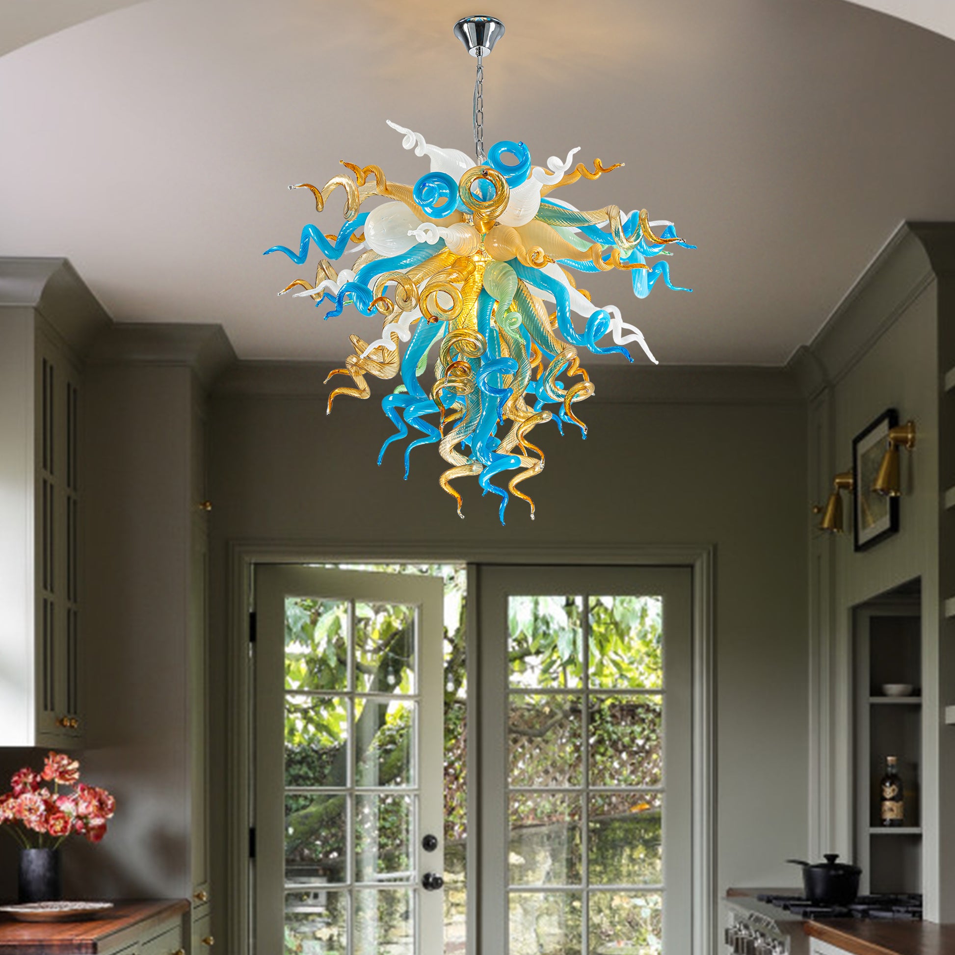 Modern chandelier made from premium hand blown glass, an elegant and vibrant art piece.