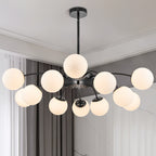 Black bubble globe chandelier with 12 frosted white opal glass shades in modern room.