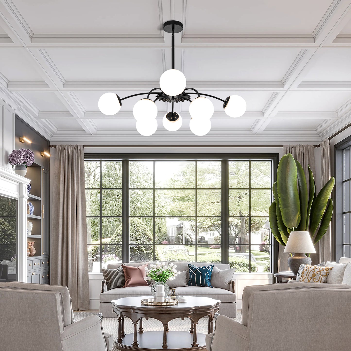 Modern black 8-light frosted glass bubble globe chandelier in dining room with outdoor garden view.