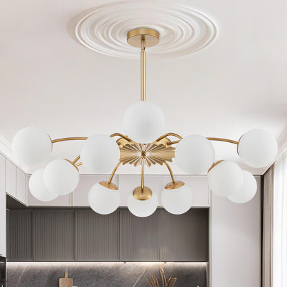  Brightly lit 12-light gold rod Chandelier with frosted opal glass globes, showcasing the adjustable hanging style.