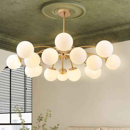 Modern 16-light gold globe chandelier with frosted white glass shades for living room decor.