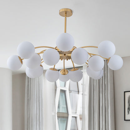 Contemporary 16-light gold chandelier with matte glass bubble ball for large spaces.
