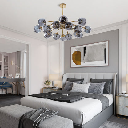 Mid-century modern smoky gray glass globe lighting fixture as a focal point in a stylish bedroom.
