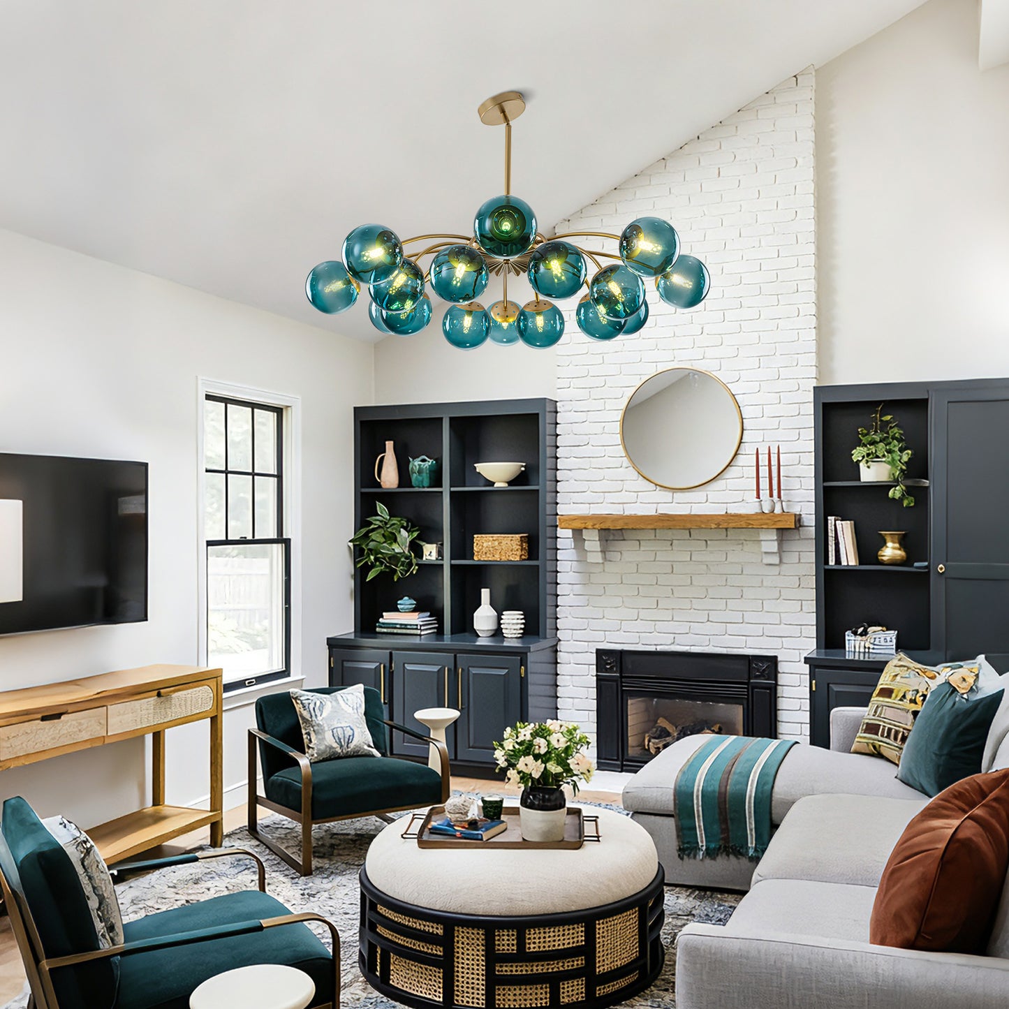 Large 16-light modern teal glass bubble globe chandelier as a centerpiece for contemporary home decor.