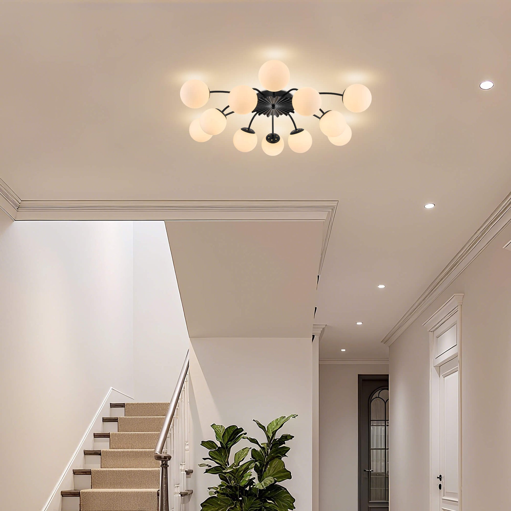 12-Light matte glass bubble black globe semi-flush mount ceiling light in bright hallway.
