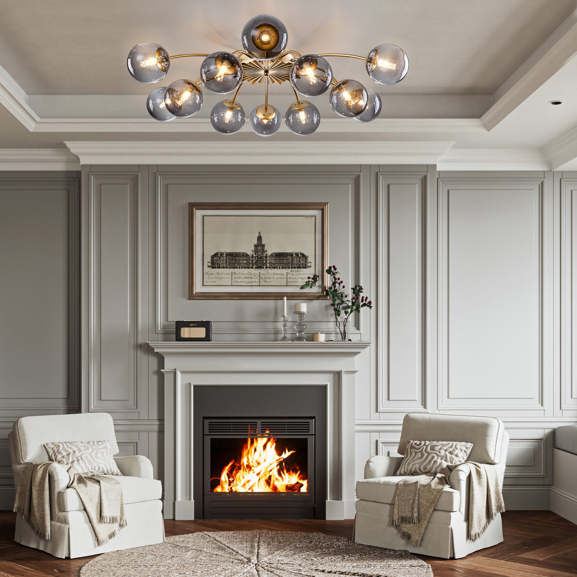 Modern glass bubble globe smoky gray ceiling light in living room with neutral decor & art.