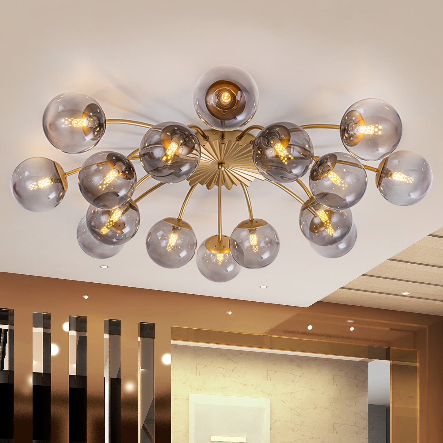 16-Light glass bubble globe smoky gray semi-flush mount ceiling light for living room.