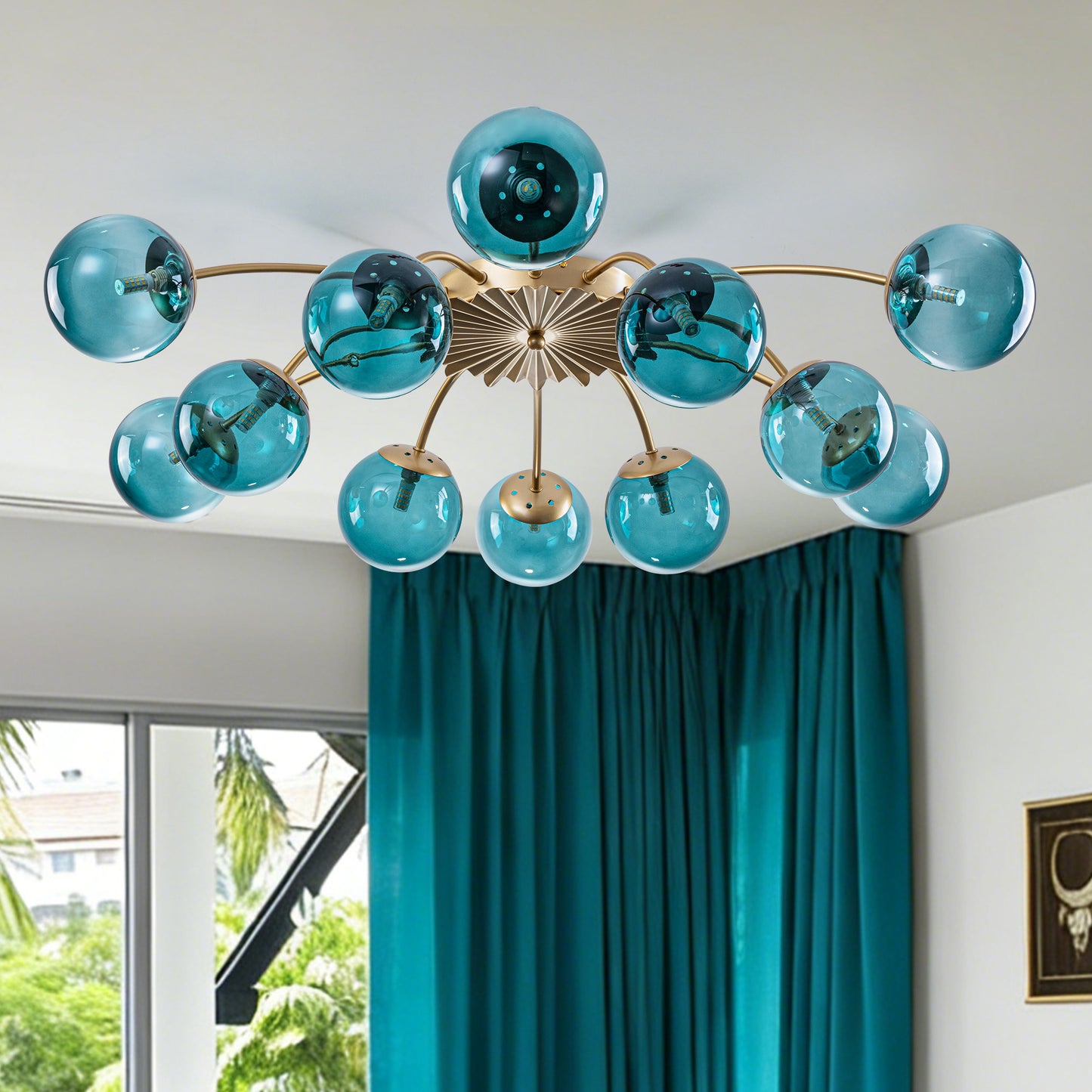 Industrial chic 12-light semi-flush mount ceiling light with teal tinted glass globe shades.