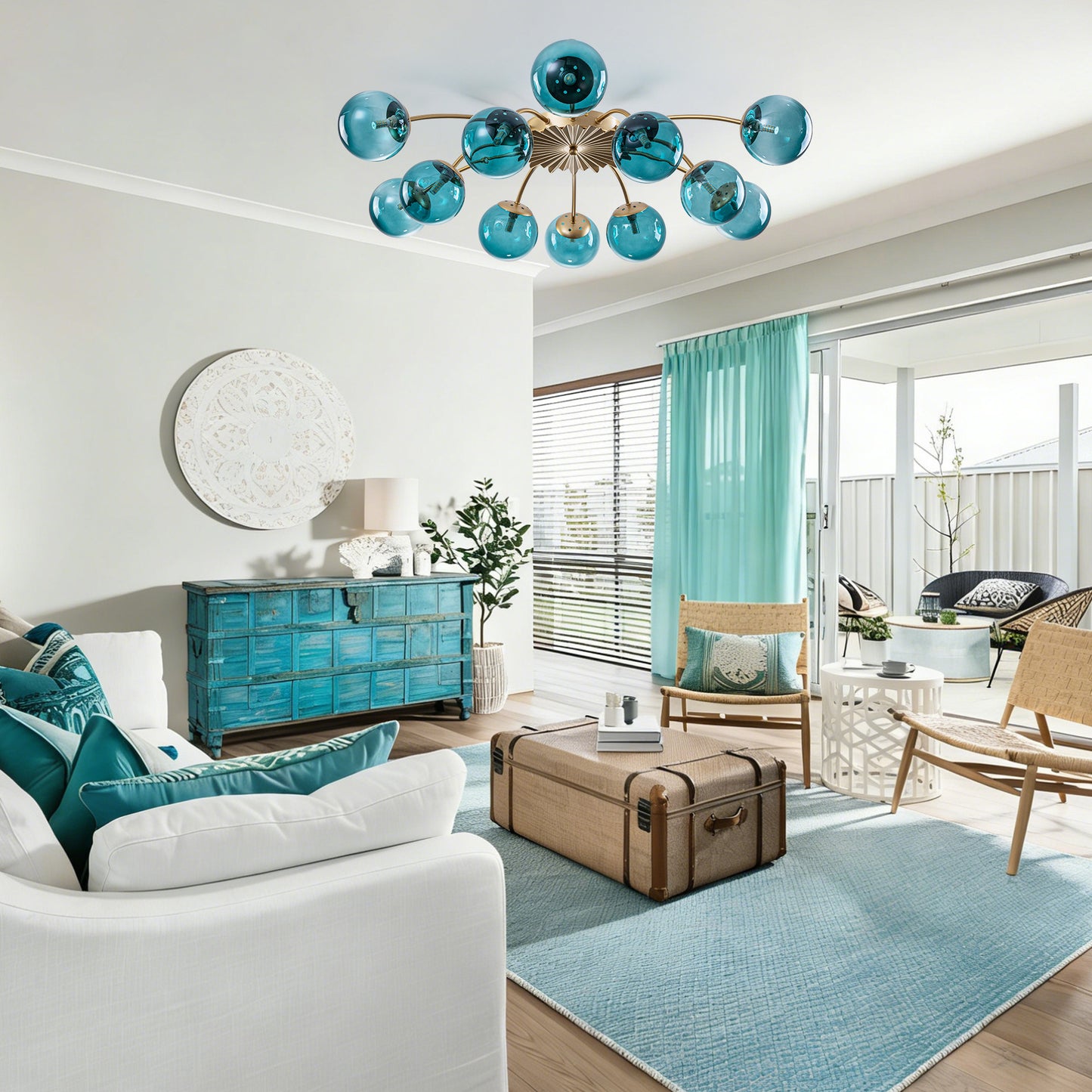 Luxury 12-light teal glass bubble globe ceiling light in a stylish interior.