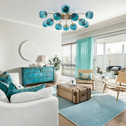 Luxury 12-light teal glass bubble globe ceiling light in a stylish interior.