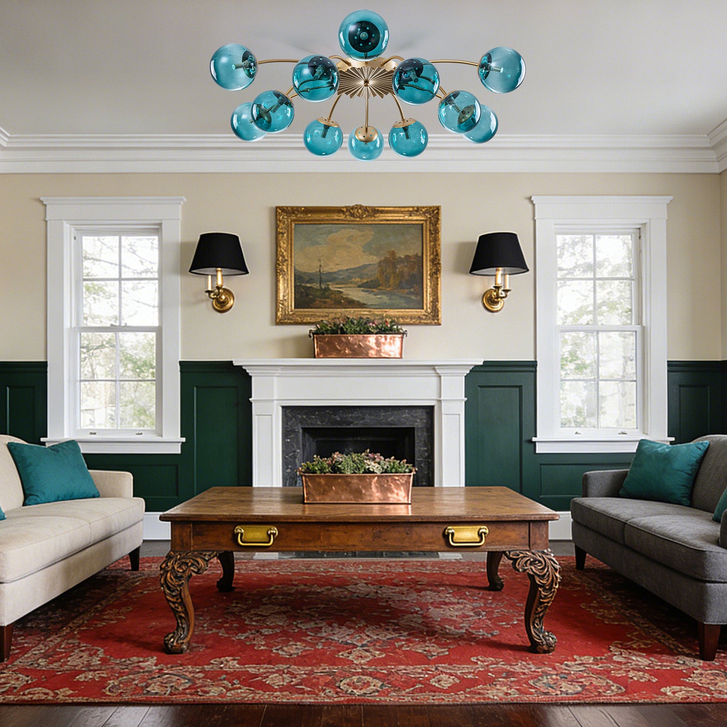 12-Light teal glass bubble globe ceiling light in traditional living room with ornate coffee table.