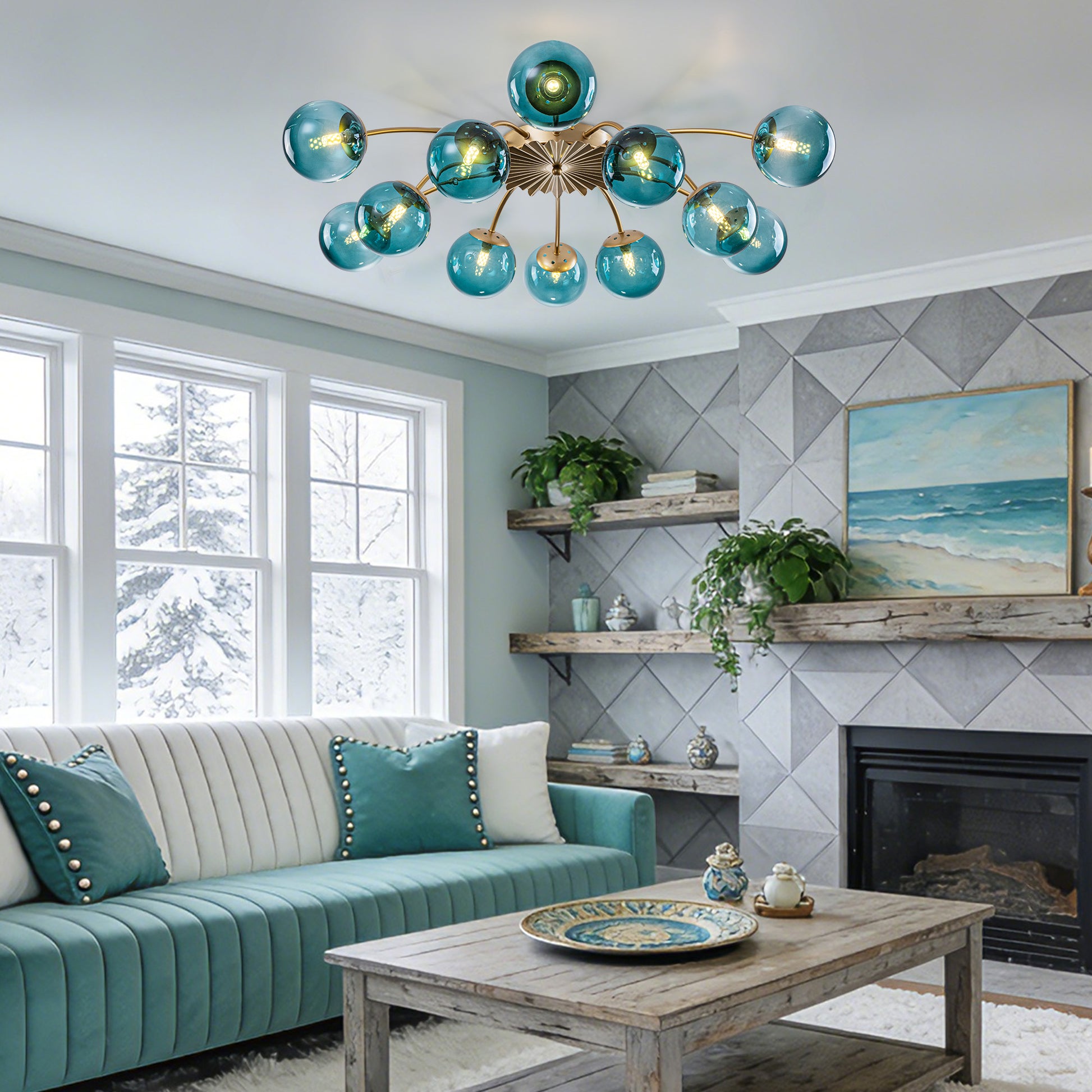 12-Light teal glass bubble globe ceiling light in cozy living room with snowy window view.