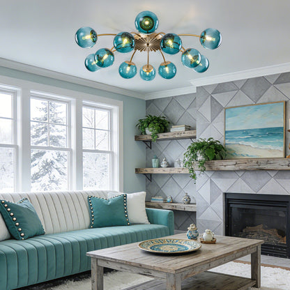 12-Light teal glass bubble globe ceiling light in cozy living room with snowy window view.