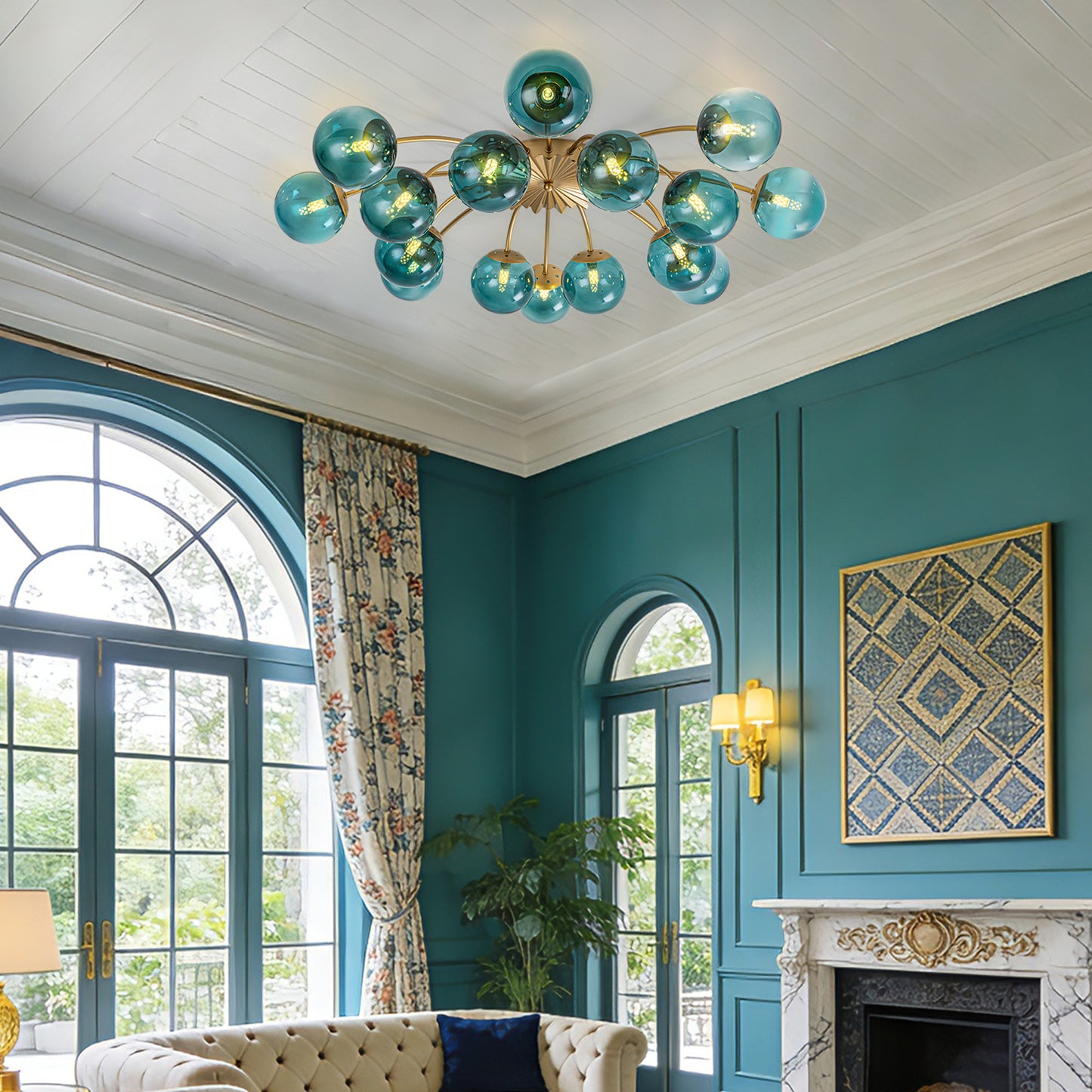 16-Light teal glass bubble globe ceiling light in living room with brick fireplace.