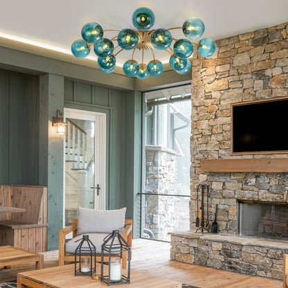 16-Light teal glass bubble globe semi-flush mount ceiling light in rustic living room with stone fireplace.