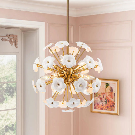 Ceramic Hoya Floral Brass Sunburst Sphere Chandelier