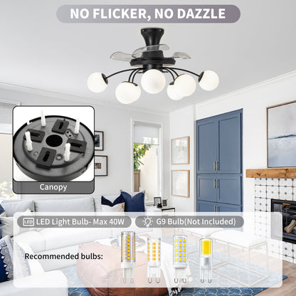 Modern Black Chandelier Fan with 8 Globe Lights & Remote